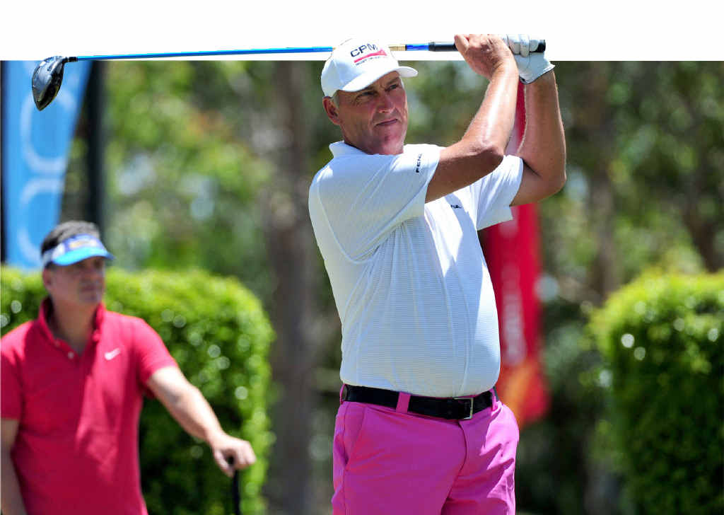 JUST LIKE OLD TIMES: Mike Harwood tees off on the Legends Tour event, being on the Coast. JUST LIKE OLD TIMES: Mike Harwood tees off on the Legends Tour event, being on the Coast.